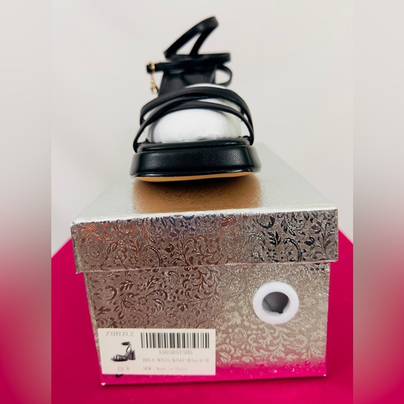 Black Strappy Lace Up Platform Heel Sandals Square OpenToe Decorative Dangle 8M - Picture 8 of 13